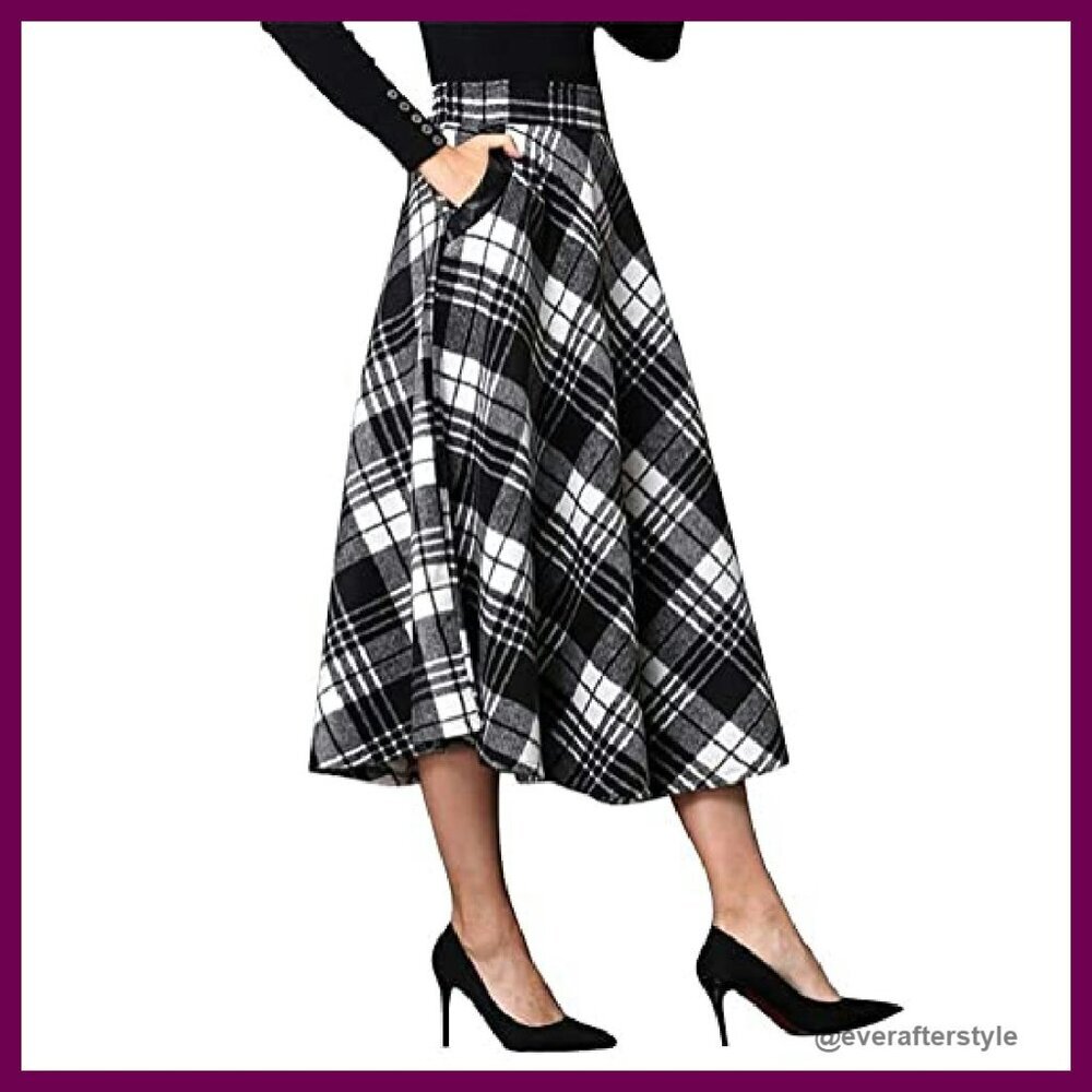 Wool Plaid Skirt A-Line Pleated Midi Classic Fall Winter Elegant Chic - Picture 2 of 6
